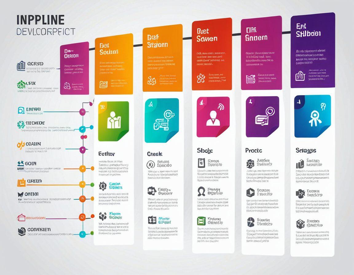 A visually engaging infographic showcasing a flowing pipeline of software development with distinct stages like coding, testing, and defect tracking. Include icons representing bugs, checklists, and QA teams collaborating under a bright, tech-inspired theme. Illustrate a sense of mastery with vibrant colors and a clear layout to guide viewers' eyes. super-realistic. vibrant colors. white background.